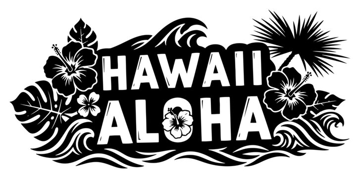 Hawaii Aloha tropical emblem with hibiscus flowers palm leaves and ocean waves for summer vacation design