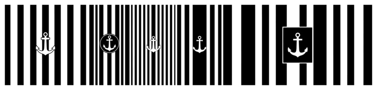 Nautical barcode pattern with anchor icons and vertical stripes for maritime shipping and clothing design