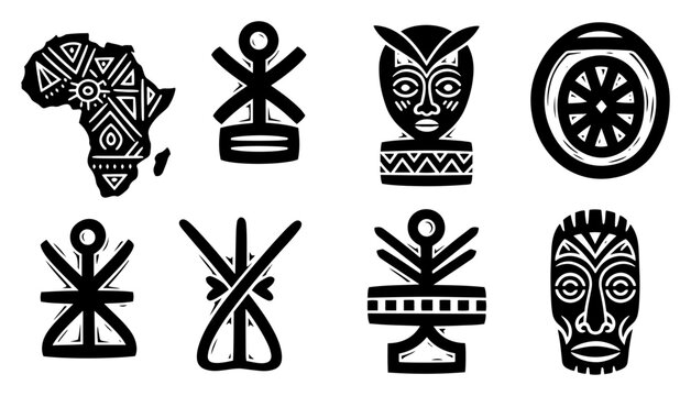 African tribal symbols and icons set with continent map and ethnic masks for cultural heritage design