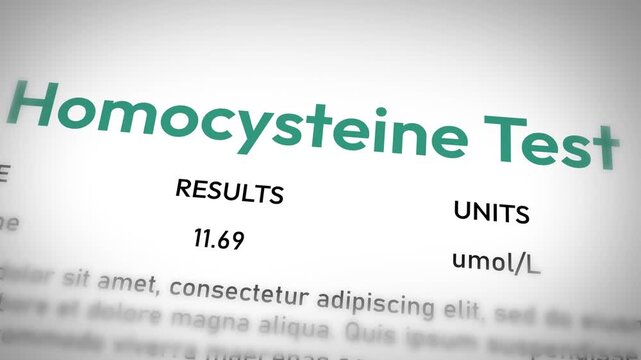 Homocysteine test results highlighted with measurement units and values for precise health assessment in 4k animation