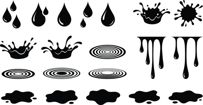 Black liquid splashes and drops on white background  various shapes and sizes of water or oil spills