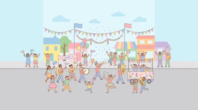 Happy Children's Parade Celebration with Music and Flags