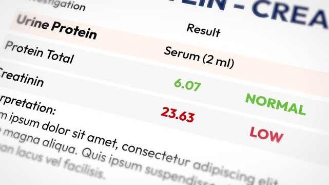 Laboratory test results show protein levels creatinine measurement normal and low indicators, urine analysis 4k animation