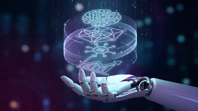 Robot hand holding glowing holographic layered platform with circuit brain, neural network, data node, and growth arrow icons on dark purple futuristic background. Concept of artificial intelligence, 