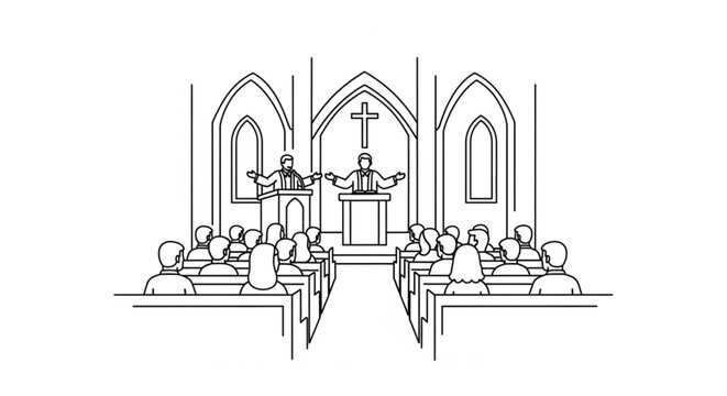 People sitting in church pews.