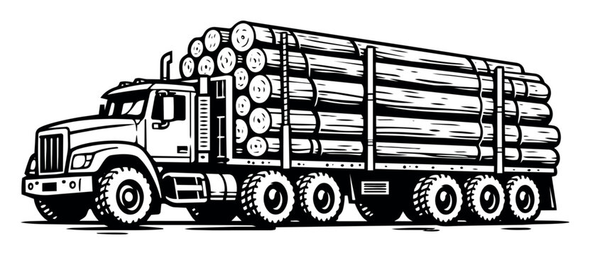 Logging truck hauling stack of cut timber. Forestry and wood processing industry concept with heavy hauler delivering logs