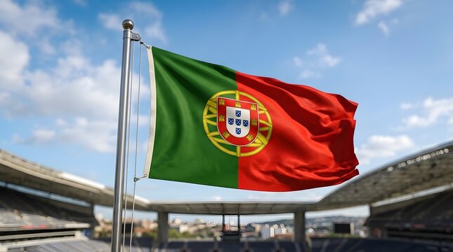 Portuguese Flag Waving in a Stadium Under Blue Sky