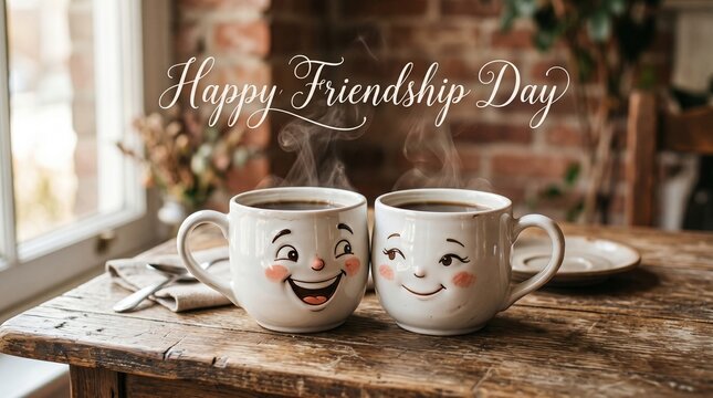 Happy friendship day concept with cartoon coffee mugs