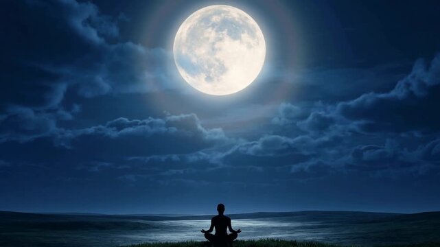 Silhouetted figure meditating under a full moon with dramatic clouds above, creating a serene and peaceful atmosphere