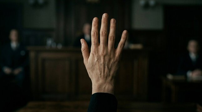 Hand raised in a courtroom setting during a legal trial or testimony