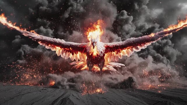 A majestic fiery mythical avian creature rises from dark volcanic smoke and ash, wings spread with embers and flames in a cinematic fantasy sequence.