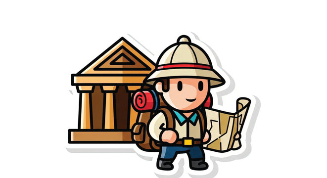 Cartoon explorer with map and backpack.