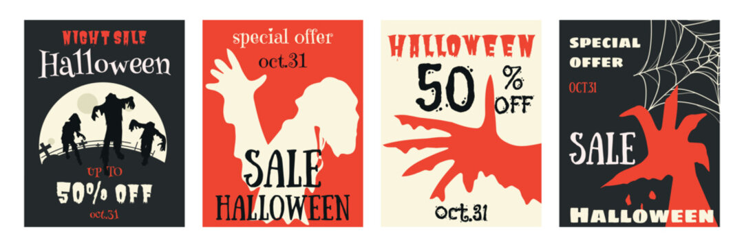 A collection of four vector Halloween promotional banners and posters. Featuring night sale offers up to 50% off on October 31. Illustrated with creepy walking zombies, monster hands and cobwebs