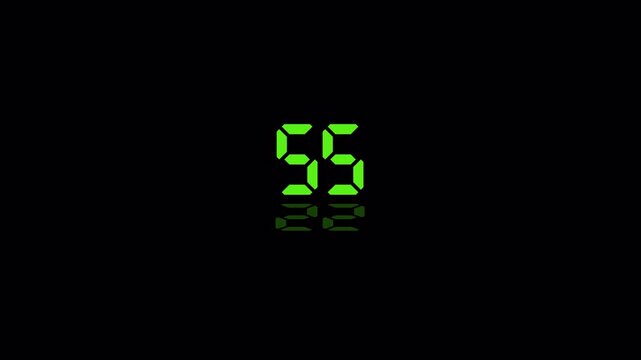 One minute digital countdown timer animation with shadow on transparent background, sixty seconds stopwatch video with an alpha channel, 4k digital stopwatch timer from 60 to 0 seconds. 