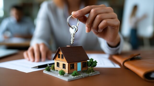 Property manager hand holding a silver key ring over a miniature house model on a wooden desk with legal contract papers for home