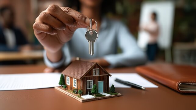 Real estate agent hand holding a silver house key over a miniature model on a wooden desk with legal contract papers for property