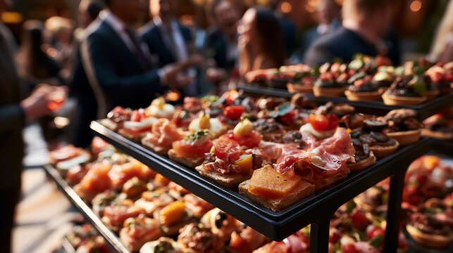Gourmet canapes on a tiered buffet stand at a social gathering with a blurred crowd in the background during the evening