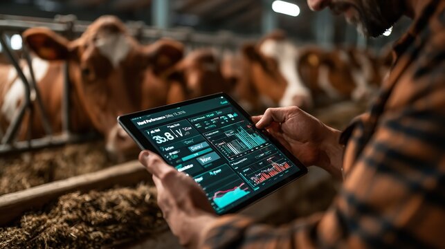 Agricultural worker reviewing complex farm management dashboard on a digital tablet while standing near feeding cattle in a barn