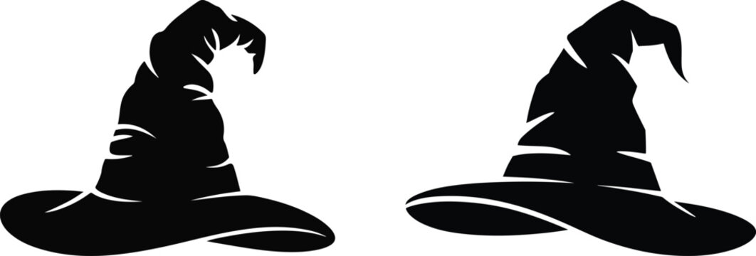 Crumpled Witch Hat Silhouettes: Two Variations of Spooky Halloween Headwear, Monochrome Graphic Set Featuring Crooked Wizard and Sorcerer Cap Designs, vector, illustration, silhouette.