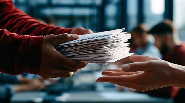Professional hands passing a large stack of white documents to another person in a busy office setting with blurred background