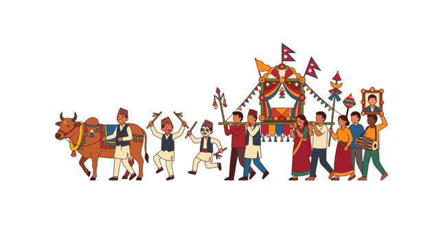 Traditional Indian Village Festival Procession with Colorful Attire and Decorated Ox