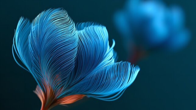 Macro view of blue fiber-optic petal textures with a distinct orange stem base emerging from a dark moody background space