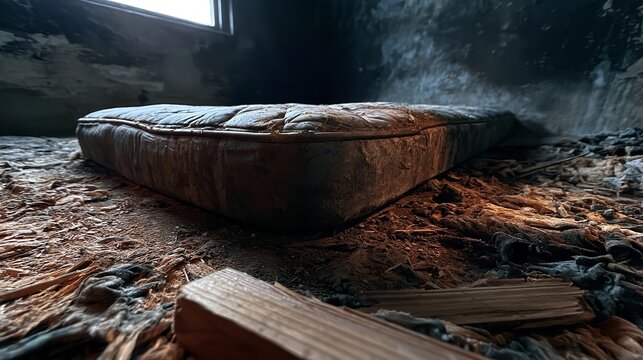 Burnt mattress in a dark room with a prominent wooden block in the foreground highlighting fire-damaged interior decay and ruin