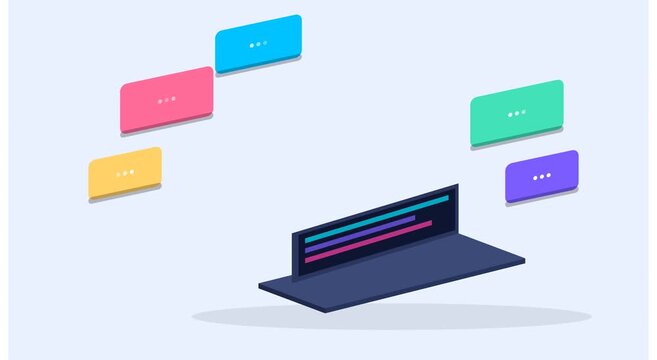 Isometric laptop with floating chat bubbles and data animation