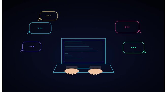 Neon coding laptop animation with floating chat animation