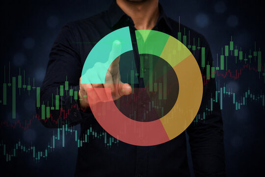 Portfolio allocation and investment distribution strategy. Asset allocation model with portfolio structure and diversification planning. Businessman reviewing portfolio allocation
