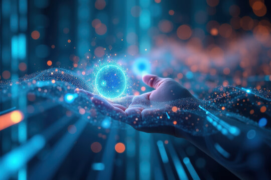 Hand holding a glowing digital sphere amidst sparkling data particles