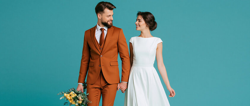 A happy couple holding hands, the man in a rust-colored suit and the woman in a white wedding dress, both smiling at each other