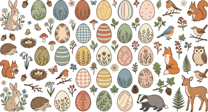 Cute hand drawn Easter elements vector set with decorated eggs forest animals spring flowers nests and woodland wildlife doodles