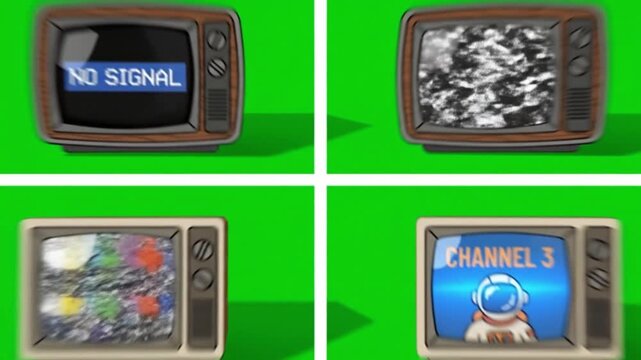 Four Distinct Retro Television Screens Displaying Various Broadcast Issues and a Cartoon Astronaut on a Green Screen Background