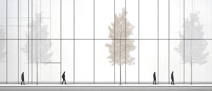 Modern glass building with stylized trees and pedestrian silhouettes
