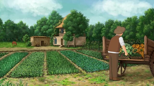 2d animation cartoon village farmer man walking across an organized green agriculture crop field with a harvest cart. excellent illustrated fantasy backdrop asset option tailored for professional