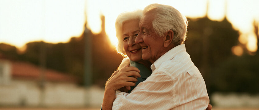 A loving elderly couple embracing affectionately, bathed in the warm glow of a setting sun. Their faces express contentment and enduring love, highlighting a lifetime of togetherness