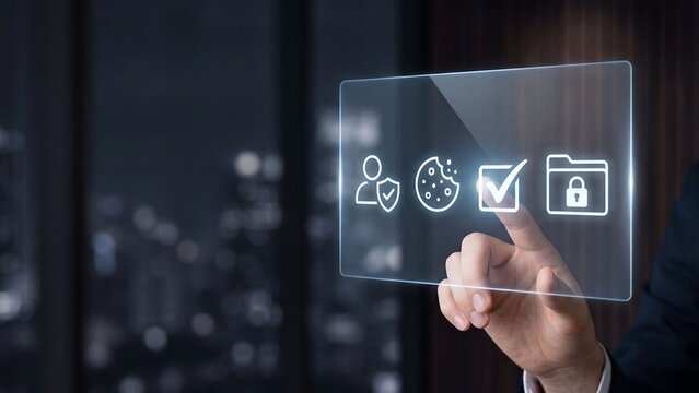 Businessman touching glowing holographic transparent screen displaying protected user, cookie consent, checkmark approval, and secure locked folder data privacy icons in dark office. Concept of data