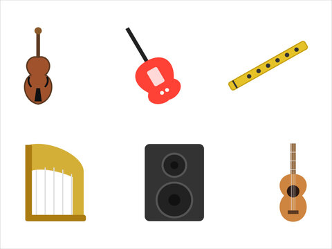 String and wind instruments collection with cello guitar flute harp and speaker cabinet.