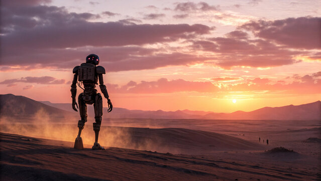 Robot walking on a desert landscape at sunset