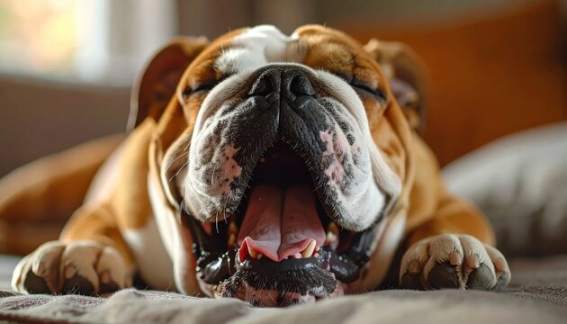 Close-up of a tired English Bulldog yawning widely.