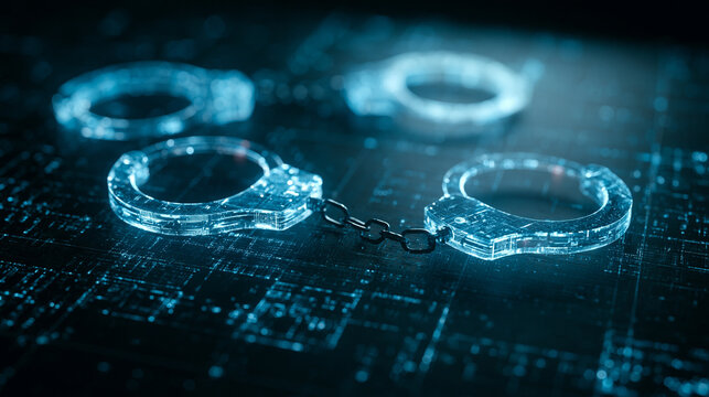 Futuristic Holographic Handcuffs On Digital Circuit Board With Cybercrime And Security Concept