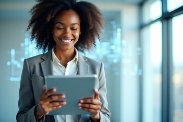 Fototapeta premium Smiling African American Businesswoman Using Digital Tablet in Modern Office