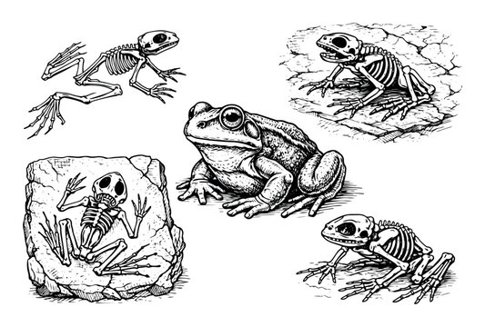 Frog, skeleton, and fossil stages representing life, death, and evolution. Scientific illustration for biology and anatomy