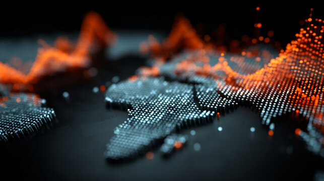 Abstract financial data visualization with glowing orange and blue digital waves on dark background