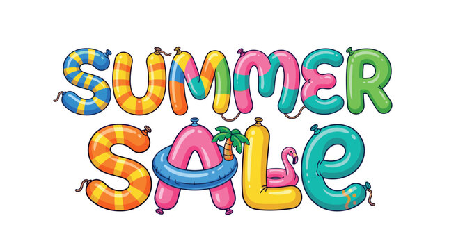 Colorful Inflatable Balloon Lettering for Summer Sale Promo, Vector Style Banner Isolated on White Background, Vibrant and Colorful Balloon typography with Tropical Beach Elements like a Palm Tree.