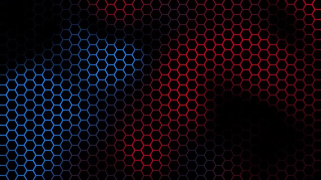 Abstract animated background with black hexagons and smooth flowing red blue gradient waves creating elegant motion and depth ideal for ads, digital art, creative design, or elegant corporate themes