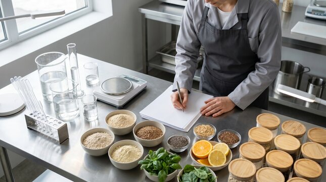 Food Science Test Kitchen Bench With Measured Ingredients Research Setup