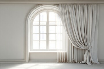 Fototapeta premium Light fills an elegant arched window with draped curtains.
