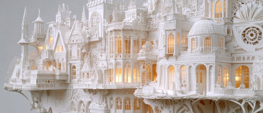 Intricate paper model of a gothic castle with warm interior lighting